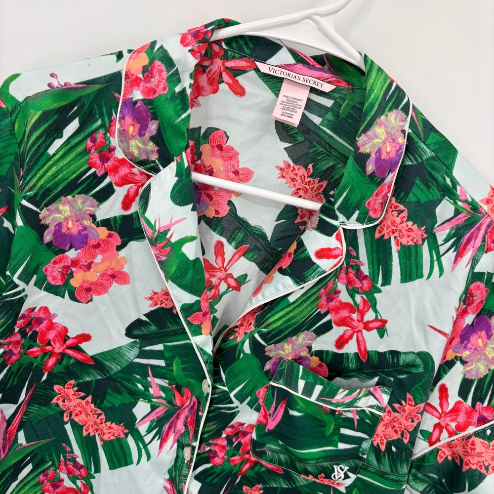 Victoria's Secret Pajama Top Women Small Green Pink Excellent Tropical Satin